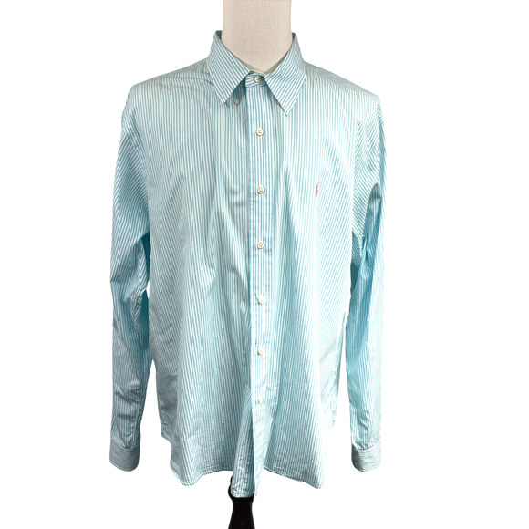 Ralph Lauren Custom Fit Men XXL Long Sleeve Button Down Teal Stripes Pink Pony - Picture 2 of 10
